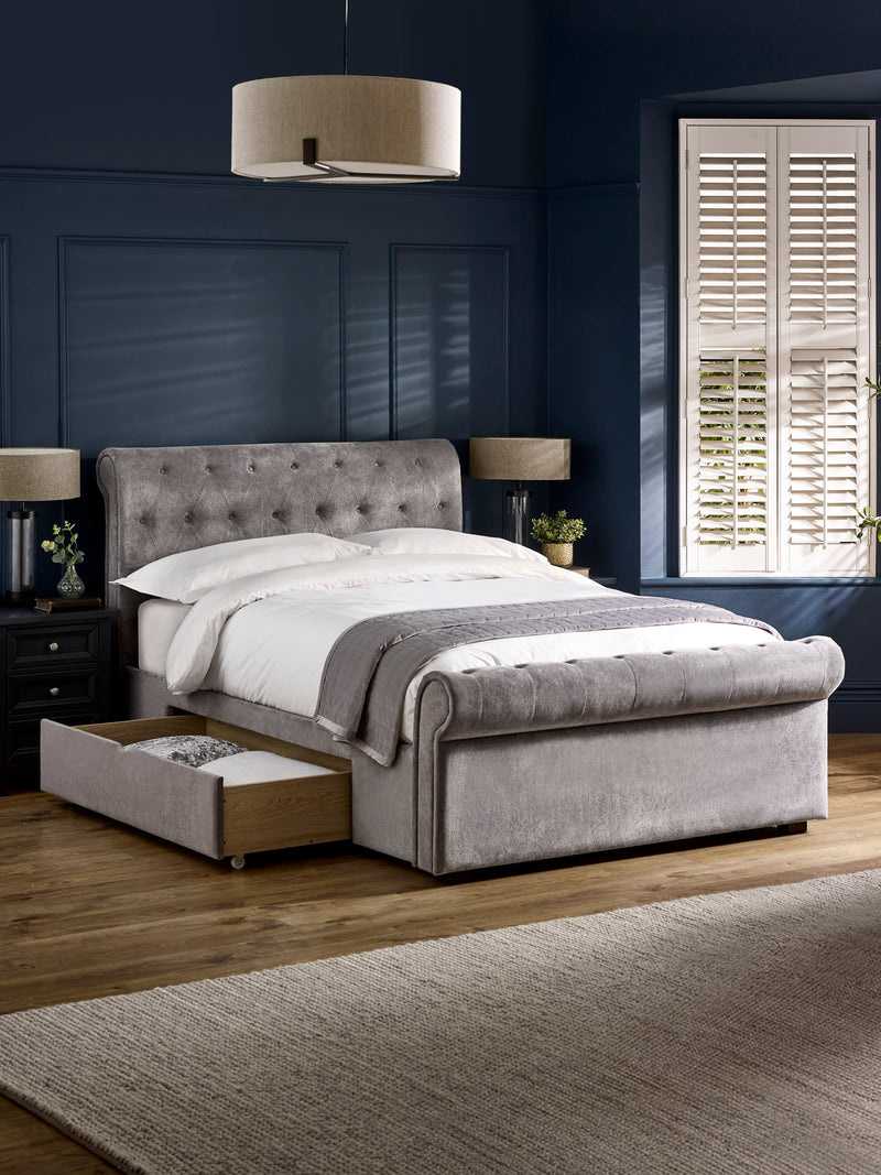 Ravello Grey Chenille Upholstered Bed with 2 Drawers – Double/King – Double – alternate view