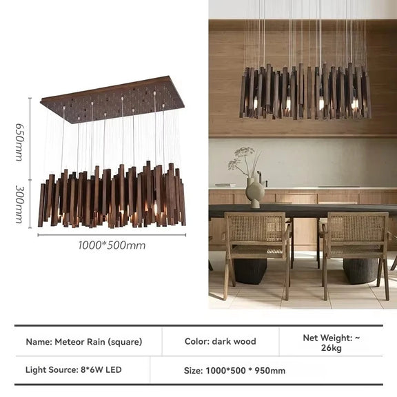 Sculptural wood rod chandelier kitchen interior