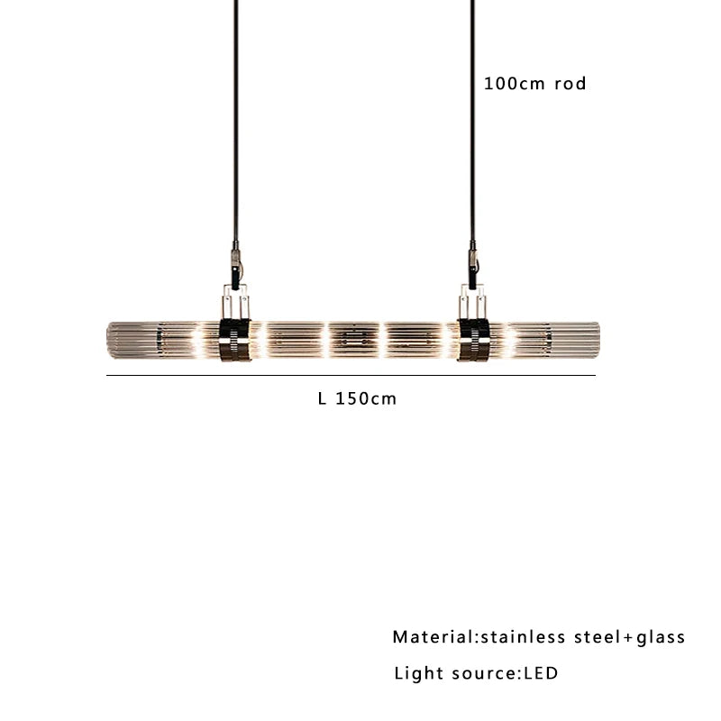 Modern glass tube LED pendant light suspended from ceiling