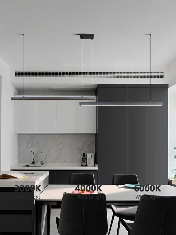 Contemporary minimalist linear light suspended from ceiling.