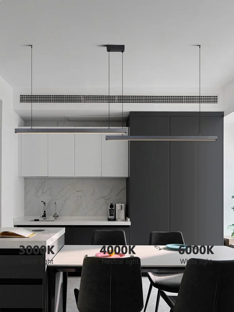 Contemporary minimalist linear light suspended from ceiling.