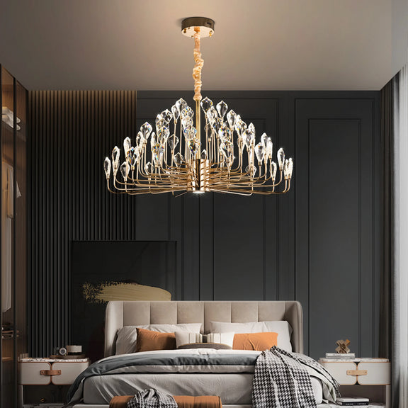 Contemporary gold chandelier with crystal droplets