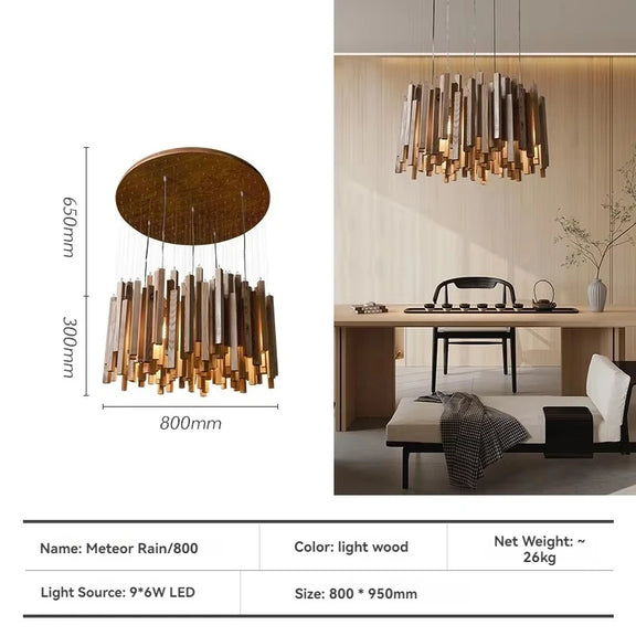 Modern wooden hanging chandelier warm ambient lighting