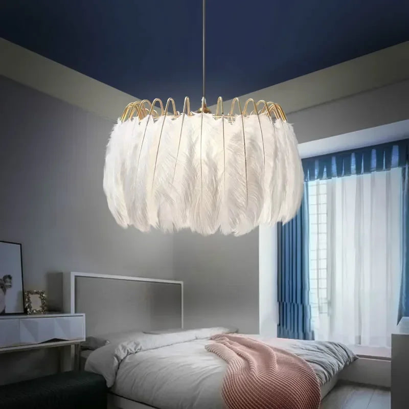 Gold frame feather ceiling pendan