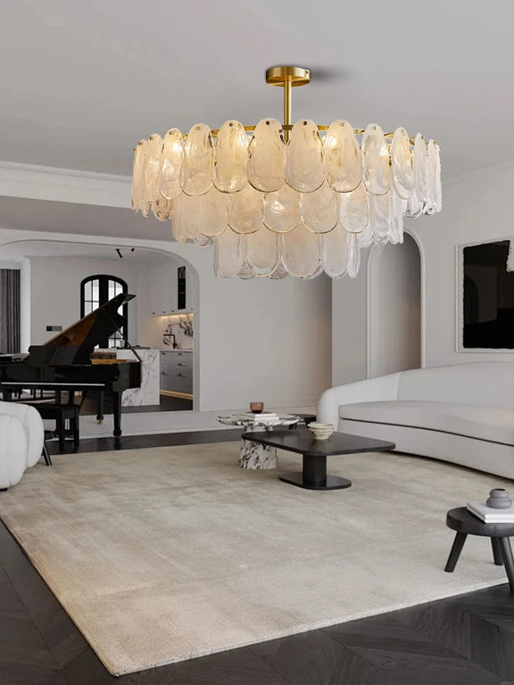 Mist glass petal chandelier with polished gold frame