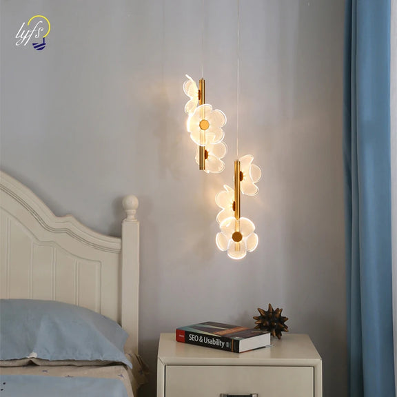Floral acrylic LED hanging lamp with gold finish