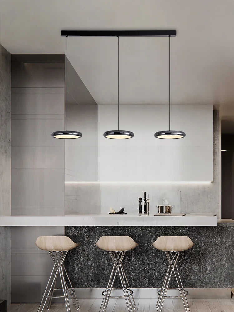 Modern three-head round pendant light in pearl black finish