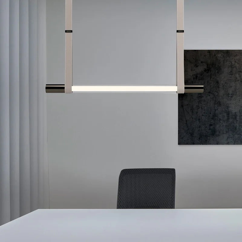 Nordic leather linear LED pendant light over dining table