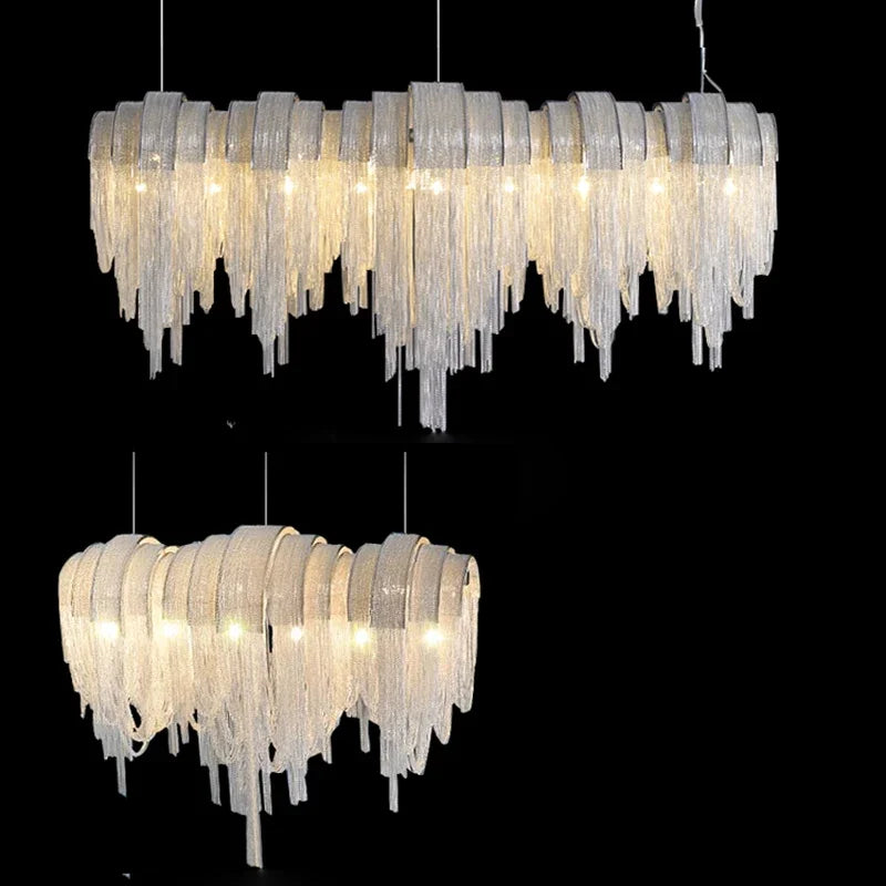 Silver drape chandelier close-up light details
