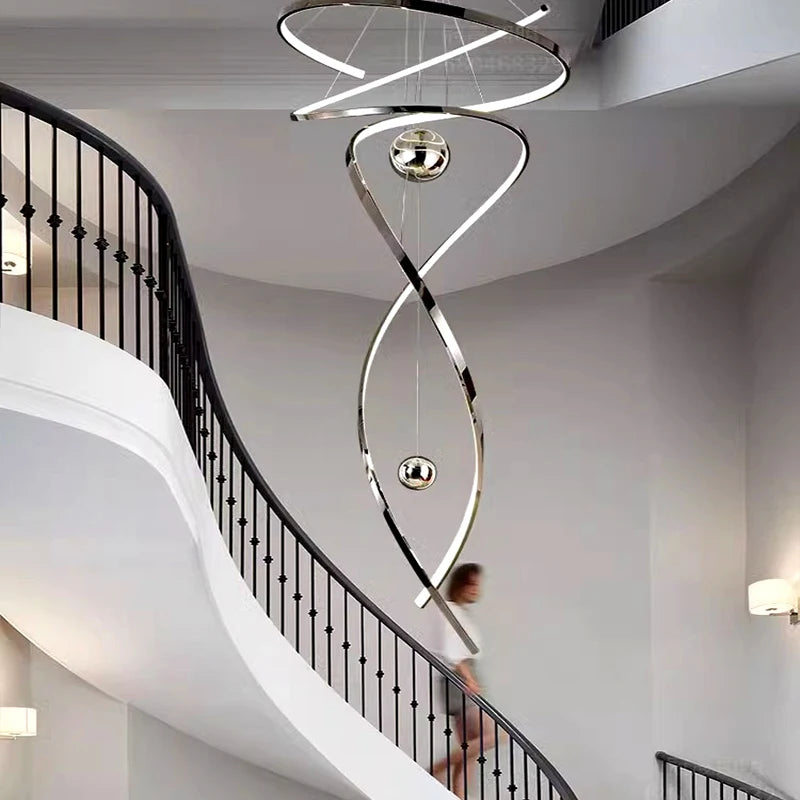 Designer staircase LED pendant twisted spiral form