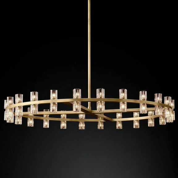 Gold round chandelier featuring multiple crystal cup lights