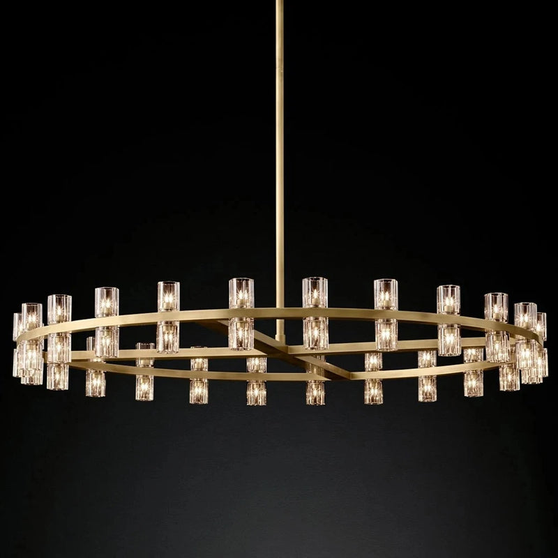 Gold round chandelier featuring multiple crystal cup lights