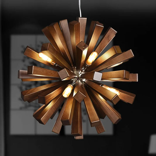 Sculptural wooden chandelier dining room