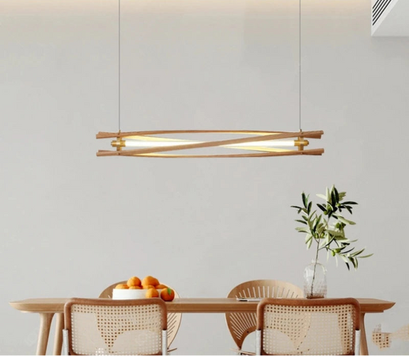 Walnut wood linear LED pendant light dining table