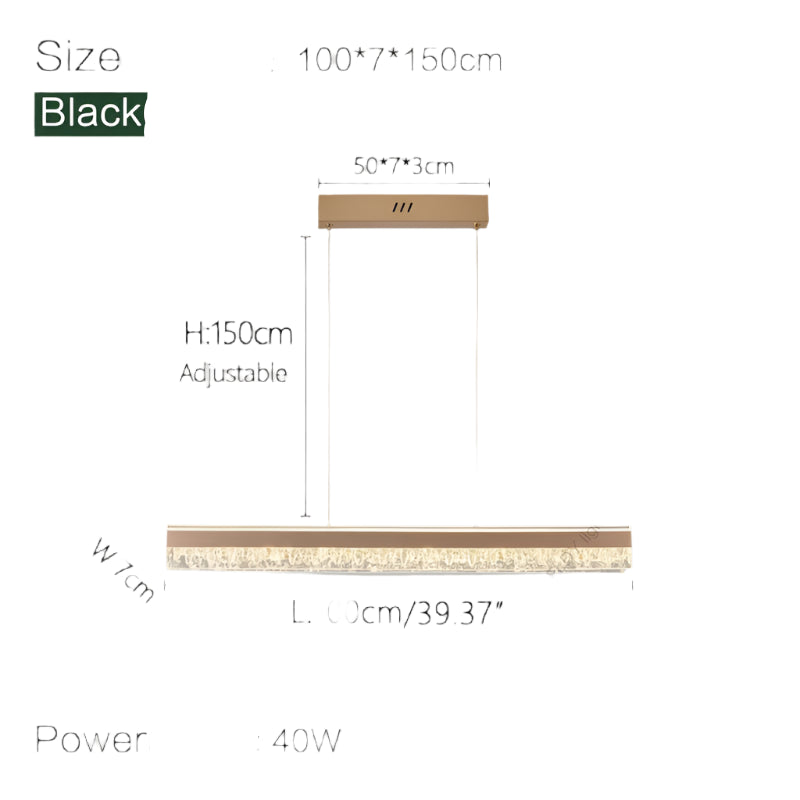 Linear kitchen island LED chandelier emitting warm white light