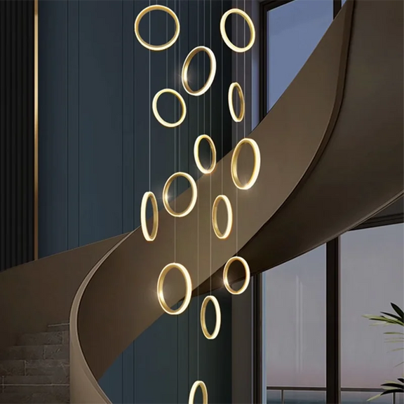 Nordic multi ring staircase LED chandelier gold
