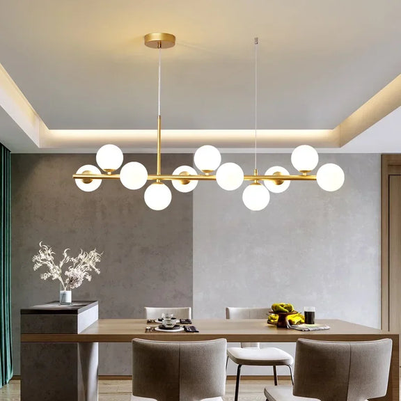 Modern linear glass globe chandelier dining table