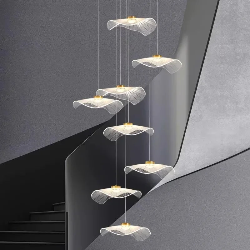 Leaf cascade staircase chandelier with floating pendant design