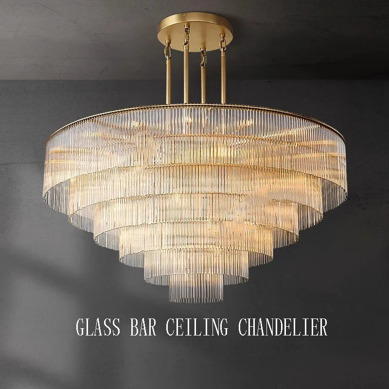 Art Deco tiered glass chandelier with gold frame for luxury living room