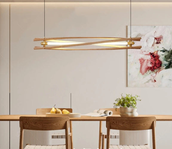 Contemporary wood strip LED pendant interior