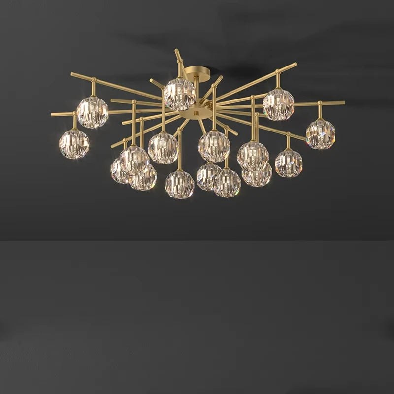 Gold crystal burst chandelier ceiling light front view