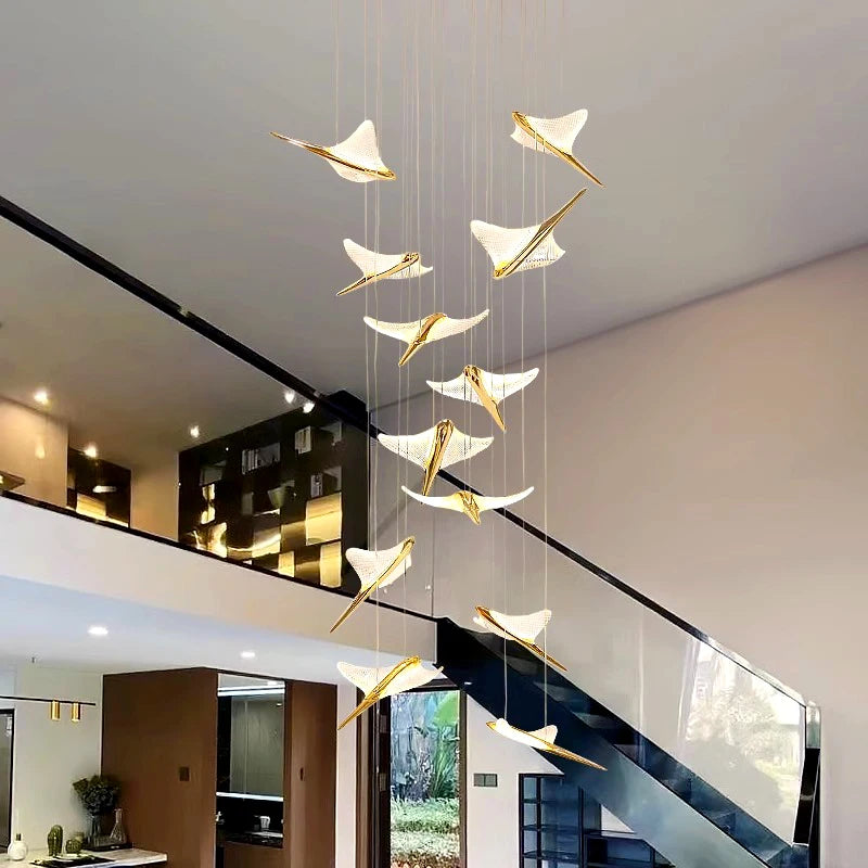 Modern bird inspired LED pendant chandelier interior