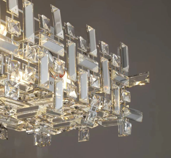 Long crystal ceiling light with suspended rectangular design