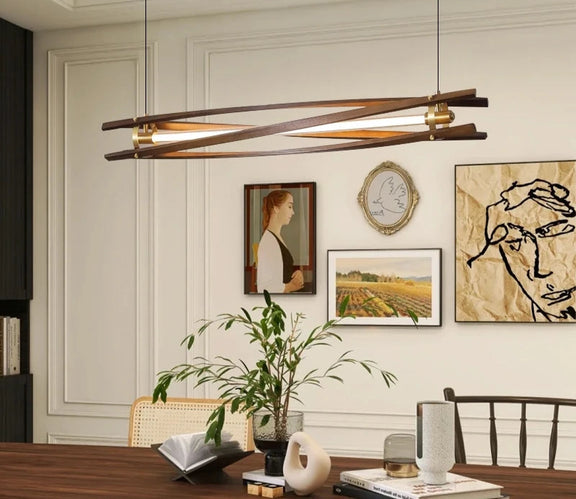 Long walnut wood pendant light modern dining setup