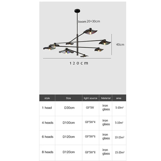 Black frame LED chandelier with sculptural leaves.