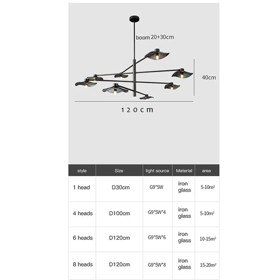 Black frame LED chandelier with sculptural leaves.