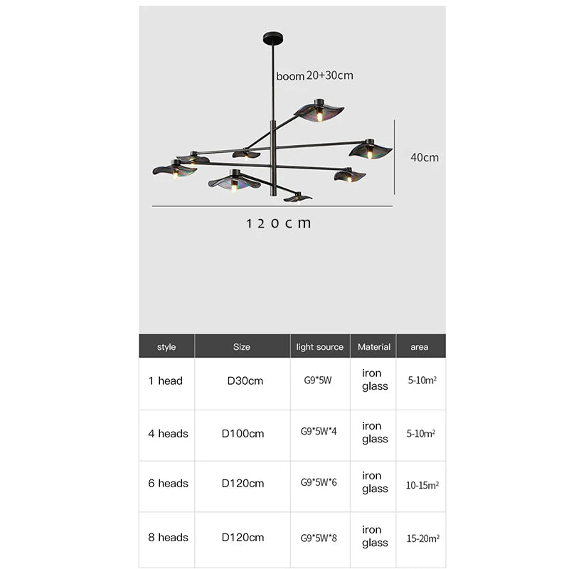 Black frame LED chandelier with sculptural leaves.