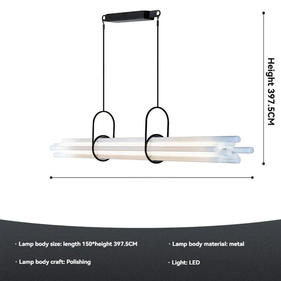 Minimalist black linear LED pendant kitchen island