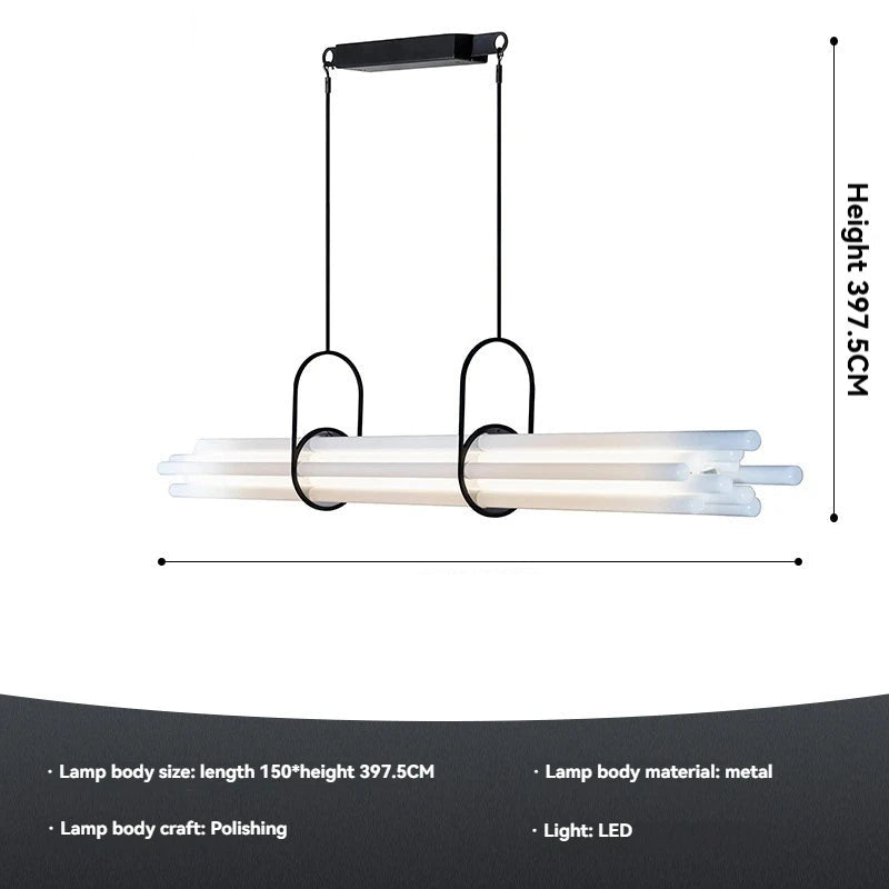 Minimalist black linear LED pendant kitchen island