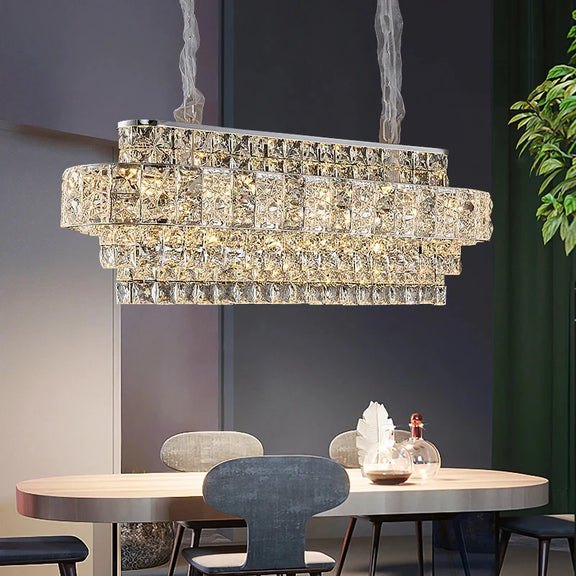 Polished chrome rectangular crystal chandelier