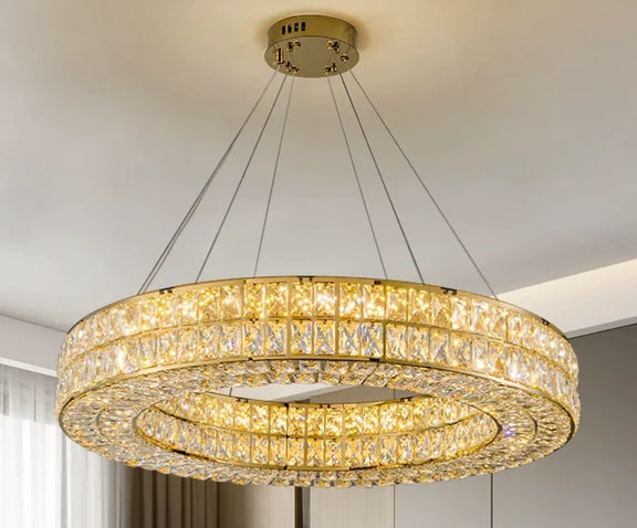 Close-up of high-clarity crystal detailing on round chandelier.