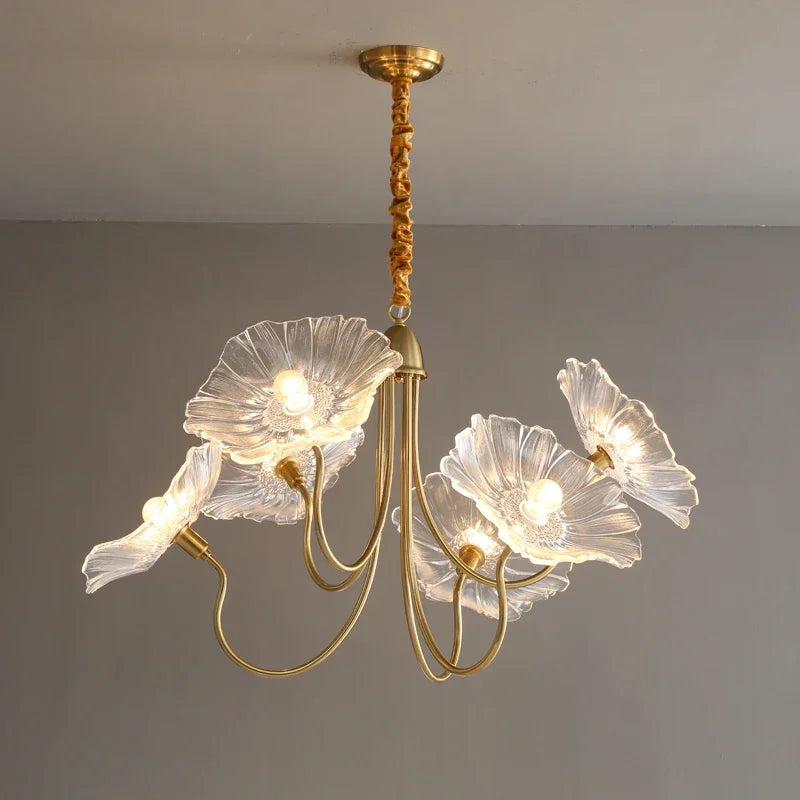 Floral glass chandelier with gold frame – 6-head pendant design