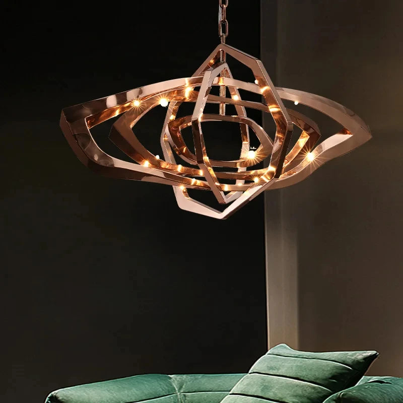 Close-up of polished stainless steel curved lighting