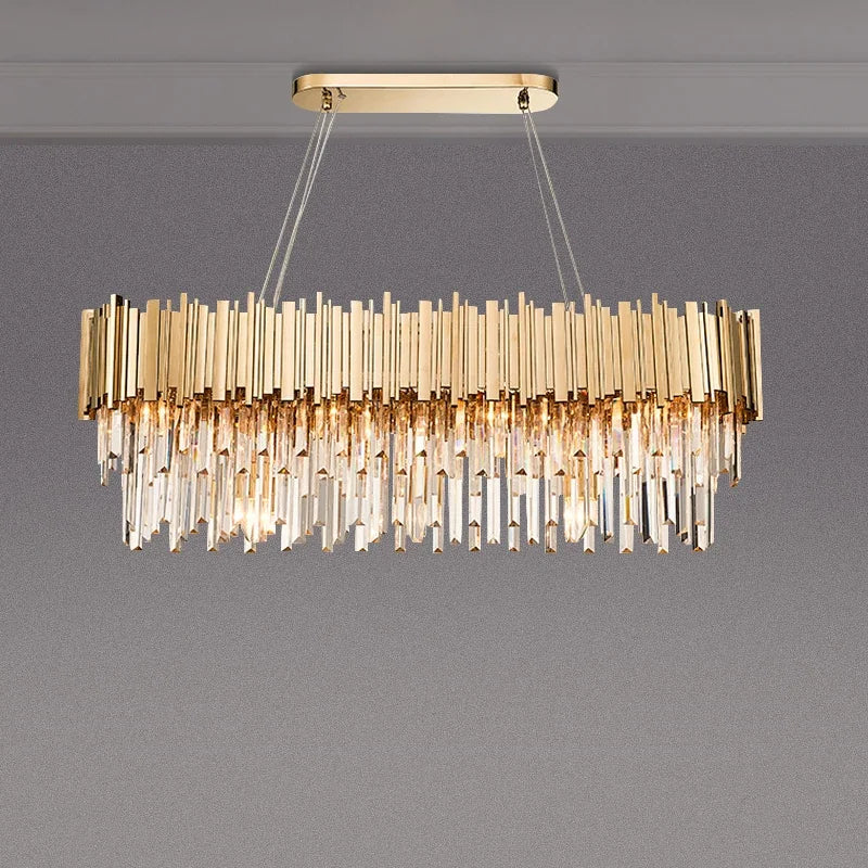 Gold crystal tiered chandelier front view