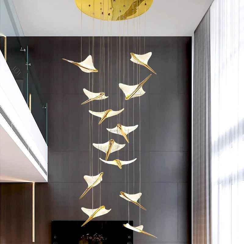 Bird pendant staircase chandelier for double height space