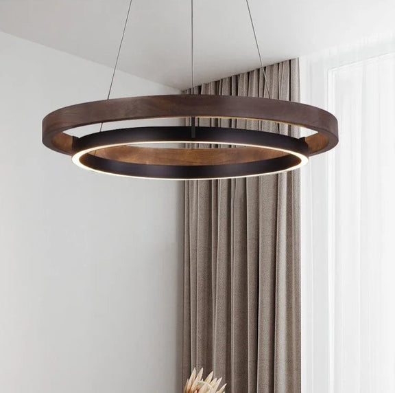 Nordic wood grain ring LED chandelier dining room
