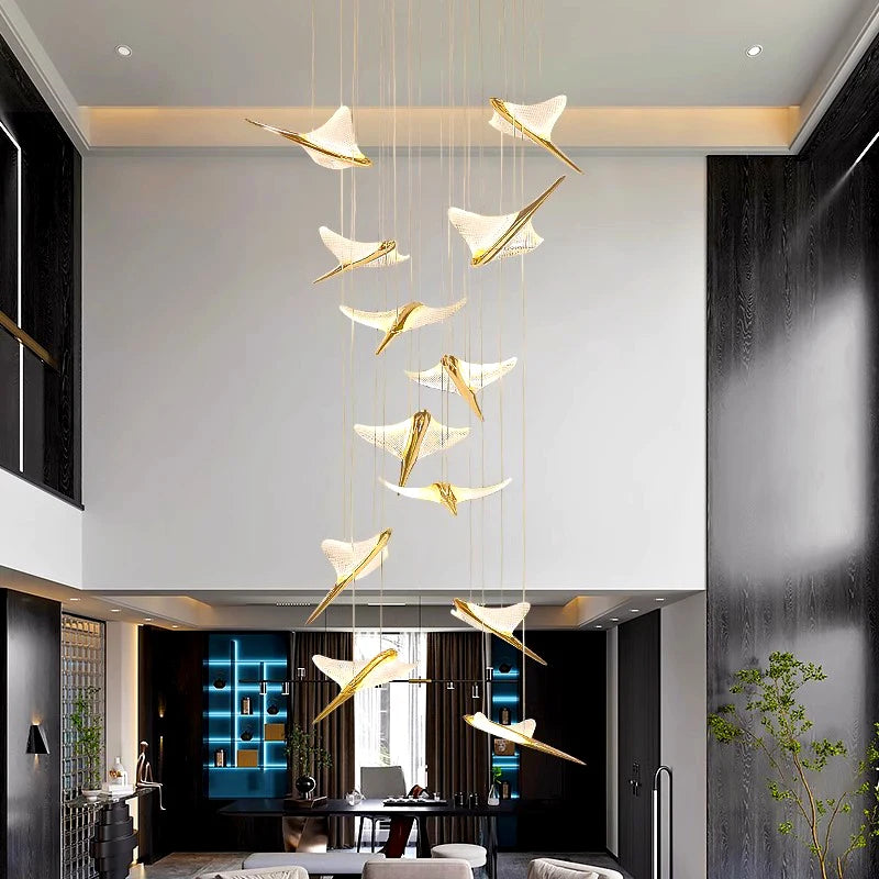 Luxury flying birds LED chandelier gold stairwell lighting