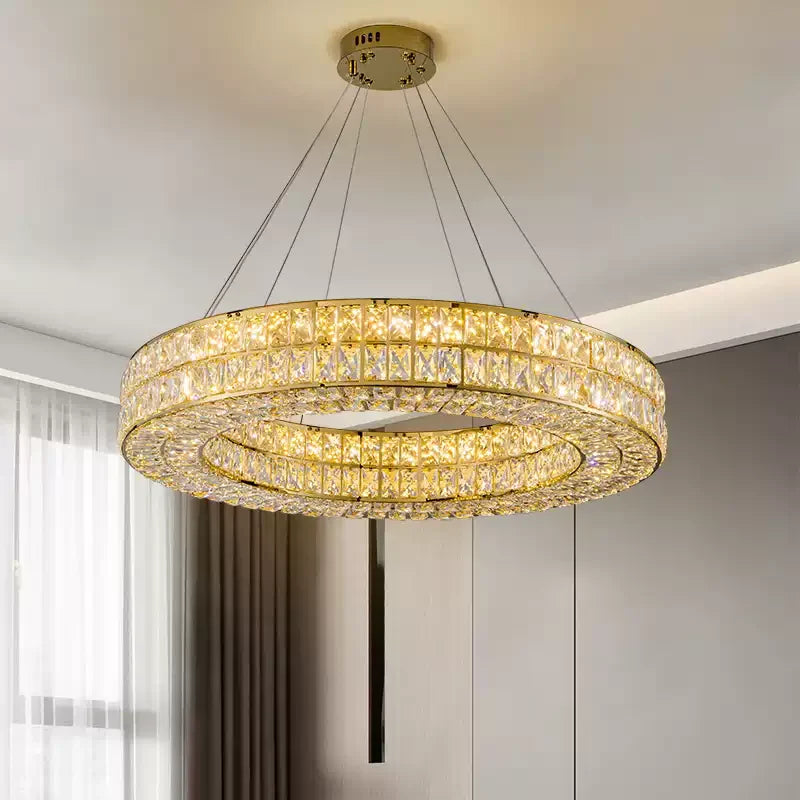 Gold double-ring luxury crystal chandelier front view