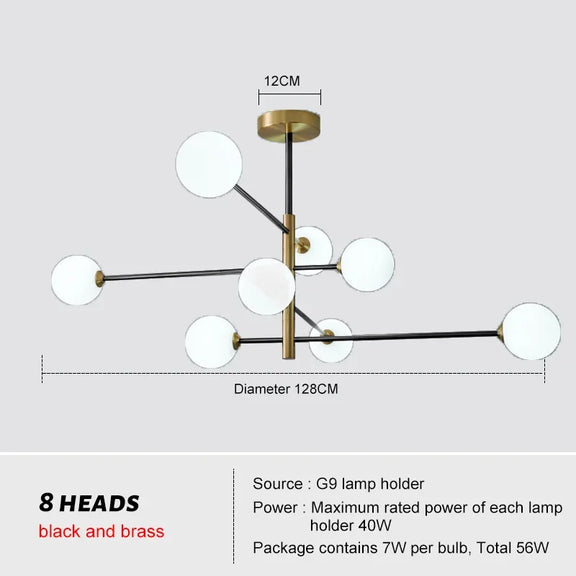 Brass multi-arm chandelier with minimalist globe design