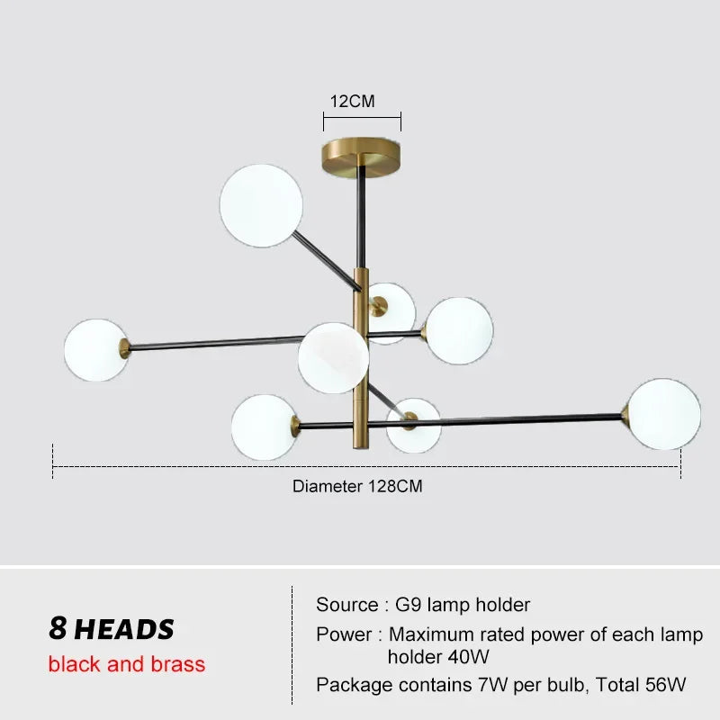 Brass multi-arm chandelier with minimalist globe design