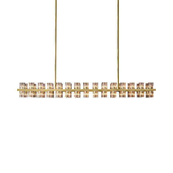 Brass and chrome crystal bar chandelier over kitchen island