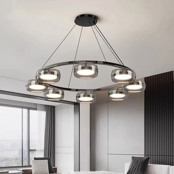 Chrome circular LED ring chandelier with suspended light pods