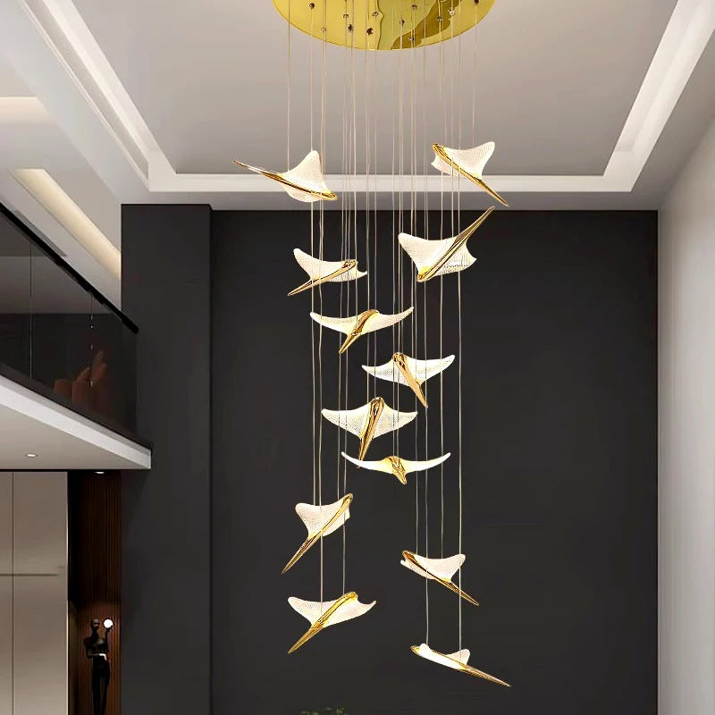 Flying birds LED stair chandelier modern gold design