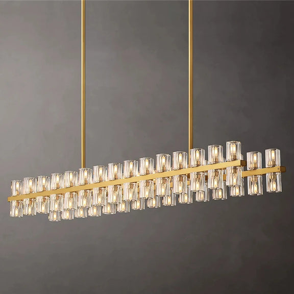Linear retro crystal LED chandelier in brass finish