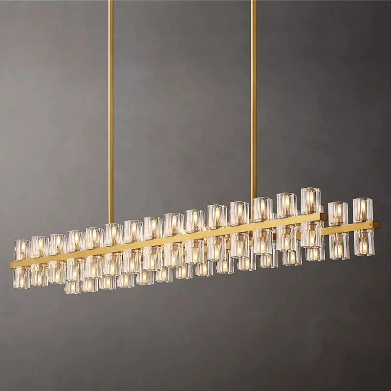 Linear retro crystal LED chandelier in brass finish