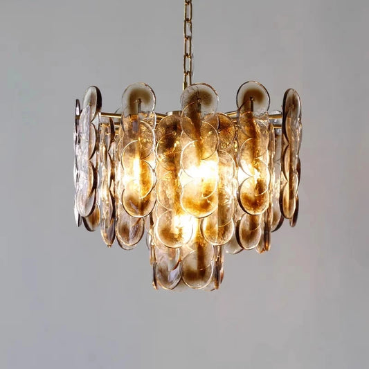 Luxury amber glass pendant light round chandelier dining room